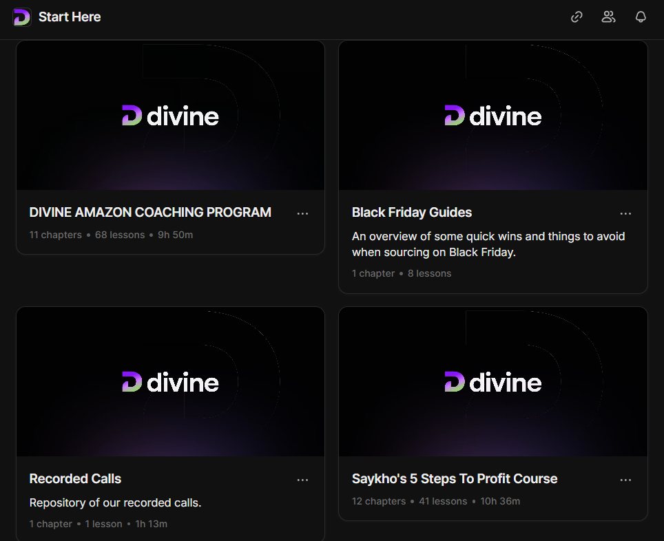 Screenshot of Divine's Start Here course portal showing the Amazon coaching program with 11 chapters and 68 lessons, Black Friday guides, a recorded calls repository, and Saykho's 12-chapter course