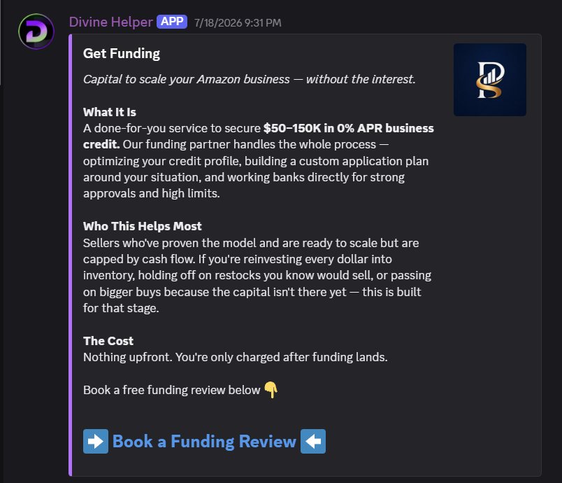 Discord announcement of Divine's funding service: a done-for-you setup for 0% intro APR business credit through a partner, with a link to book a funding review