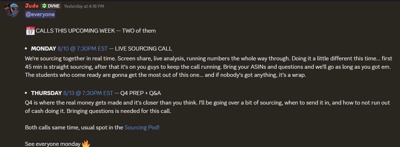 Discord announcement of two live group calls in a single week: a live sourcing call with screen share and a Q4 prep and Q&A session