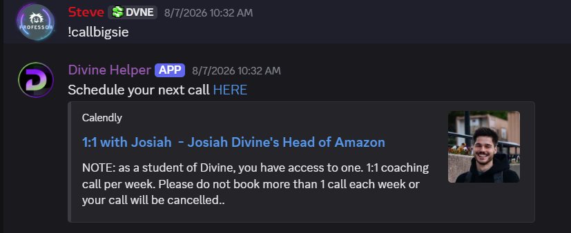 Discord exchange showing the booking link for a one-on-one call with Josiah, Divine's Head of Amazon