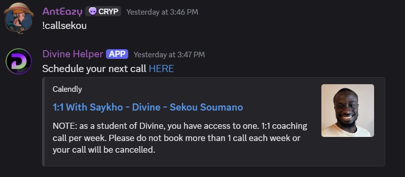 Discord exchange where a student types the callsekou command and the Divine bot replies with Ecom Saykho's booking link