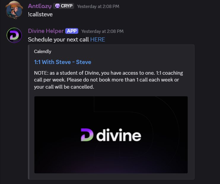 Discord exchange where a student types the callsteve command and the Divine bot replies with Steve's Calendly booking link and the one-call-per-week rule