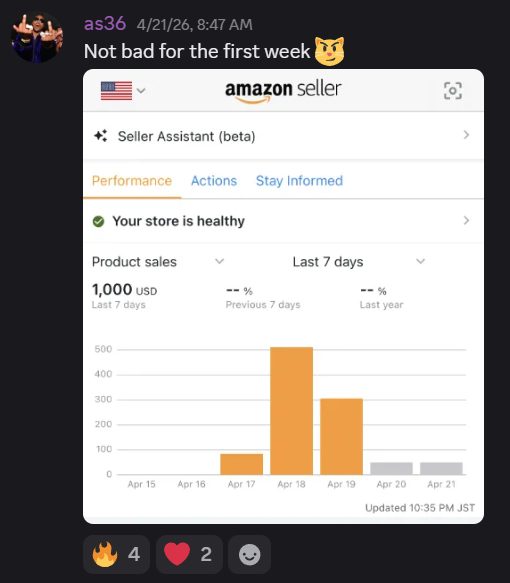 Discord post of an Amazon Seller dashboard from a Divine member's first week of sales