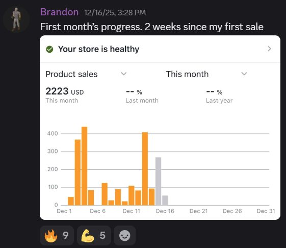 Discord post of a member's Amazon dashboard one month in, two weeks after their first sale