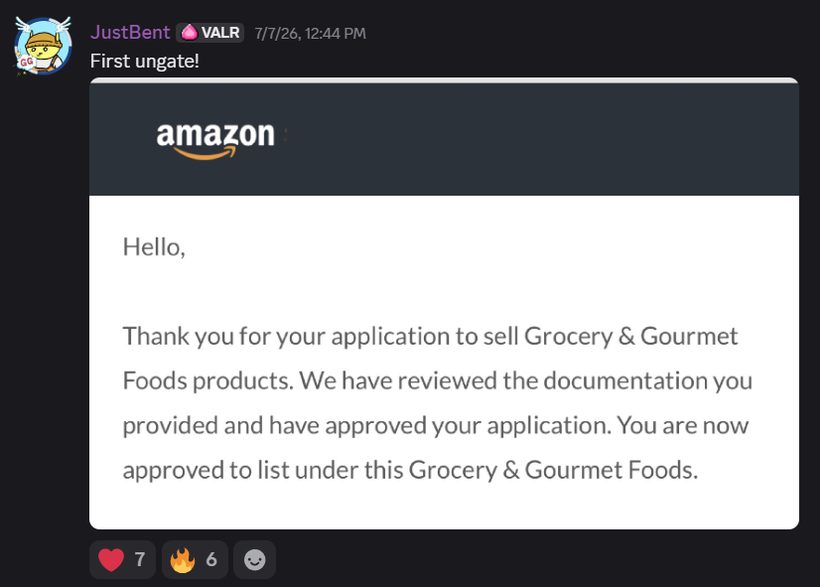 Discord post of an Amazon approval email for the Grocery and Gourmet Foods category