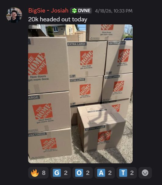 Discord post of stacked shipping boxes of inventory headed out to Amazon