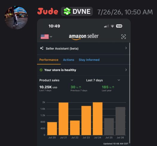 Discord post of a member's seven-day Amazon Seller dashboard