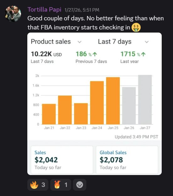 Discord post of a member's Amazon Seller dashboard after several strong days