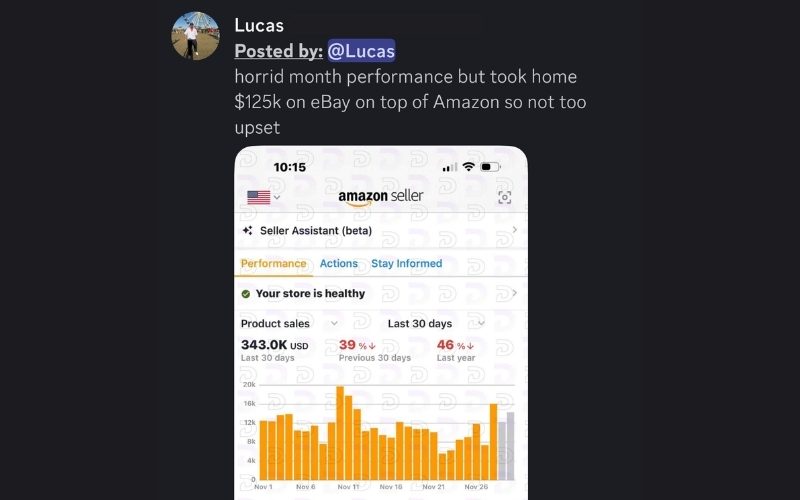Divine reshare of a member's thirty-day Amazon Seller dashboard, selling on Amazon and eBay