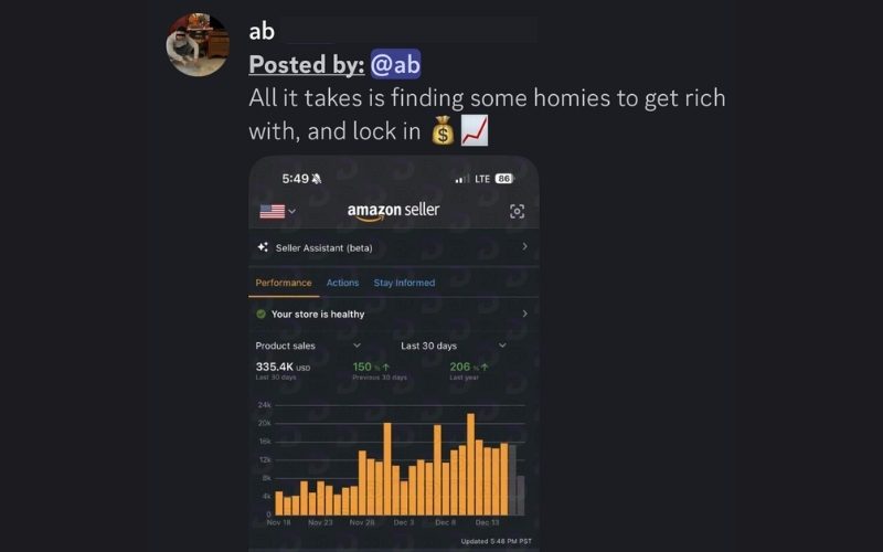 Divine reshare of a member's thirty-day Amazon Seller dashboard