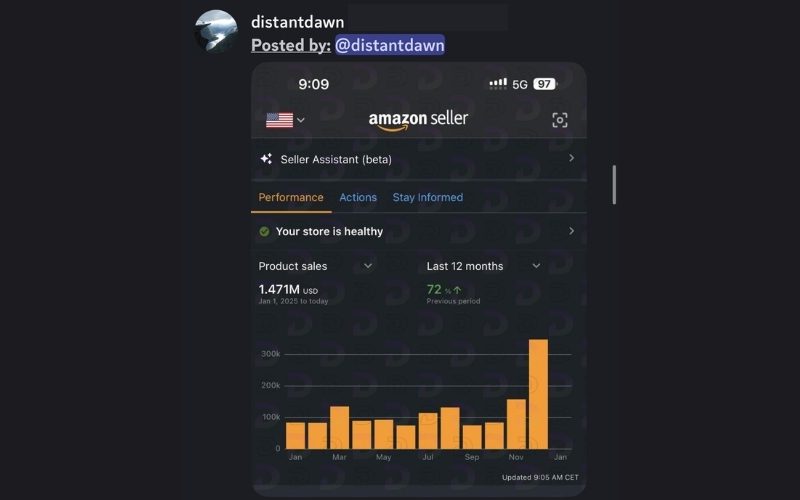 Divine reshare of a member's trailing twelve-month Amazon Seller dashboard
